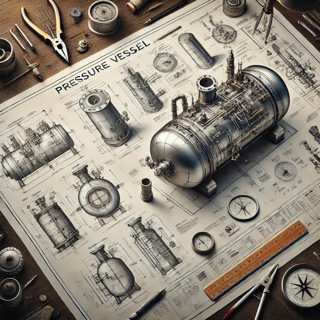 A imagem retrata o processo de design técnico e planejamento detalhado de um vaso de pressão, equipamento fundamental em várias indústrias, como a petroquímica e a geração de energia. Ela mostra uma planta técnica minuciosa com desenhos em várias vistas, onde o equipamento aparece esquematizado com precisão, revelando detalhes como suas dimensões, componentes internos e externos, e especificações técnicas. Ao redor da planta, vemos ferramentas como compassos, réguas, alicates e medidores, sugerindo que a imagem representa um ambiente de trabalho de engenharia ou manutenção, onde o foco está na análise, montagem, e inspeção de equipamentos de pressão.